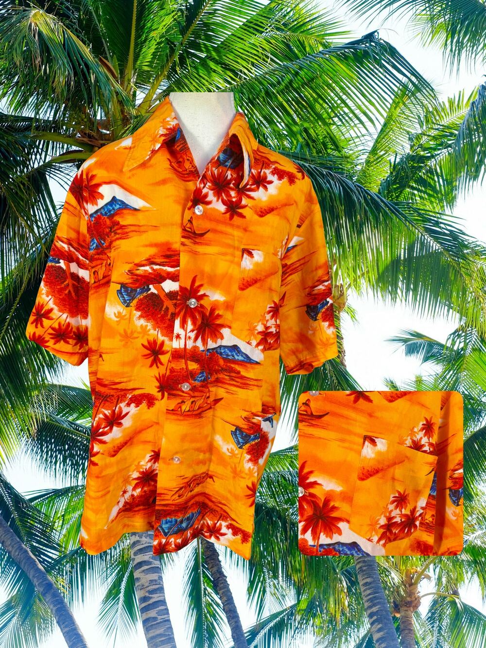 Vintage 70s Made in Hawaii Neon Orange Aloha Shirt Red Palm Trees Canoe Size L